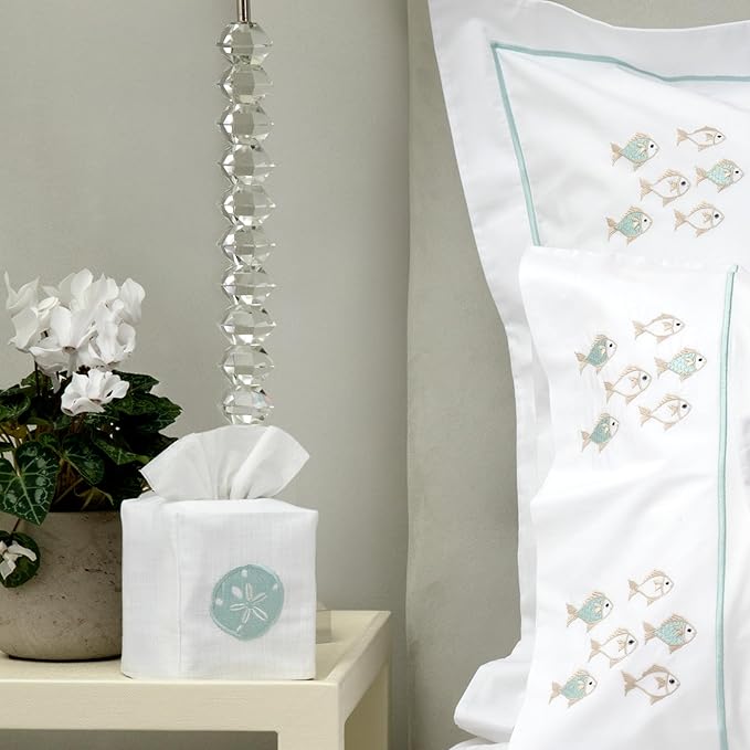 Jacaranda Living Square Tissue Box Cover, Linen/Cotton Fabric Tissue Holder, Decorative Cloth Tissue Cube Cover, Coastal Designs Sand Dollar (Aqua)