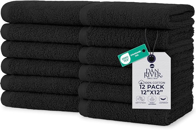 DAN RIVER 12 Pack Wash Cloths for Showering [12x12] - 100% Cotton Washcloths Premium Quality Flannel Face Cloths for Bathroom, Highly Absorbent and Soft Feel Wash Clothes, Black