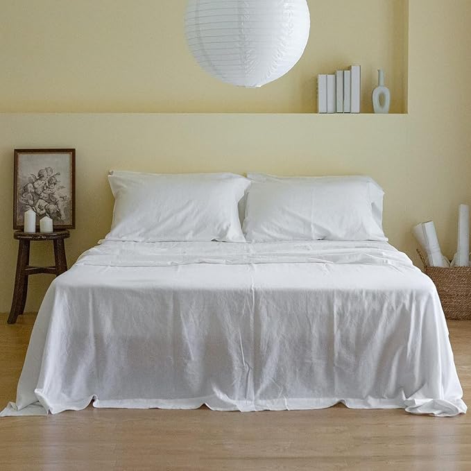 Simple&Opulence Belgian Linen Sheet Set Solid Color - 6 Pieces (1 Flat Sheet & 1 Fitted Sheet & 4 Pillowcases) 16" Deep Pocket Natural Flax Cotton Blended Soft Bedding - White, California King