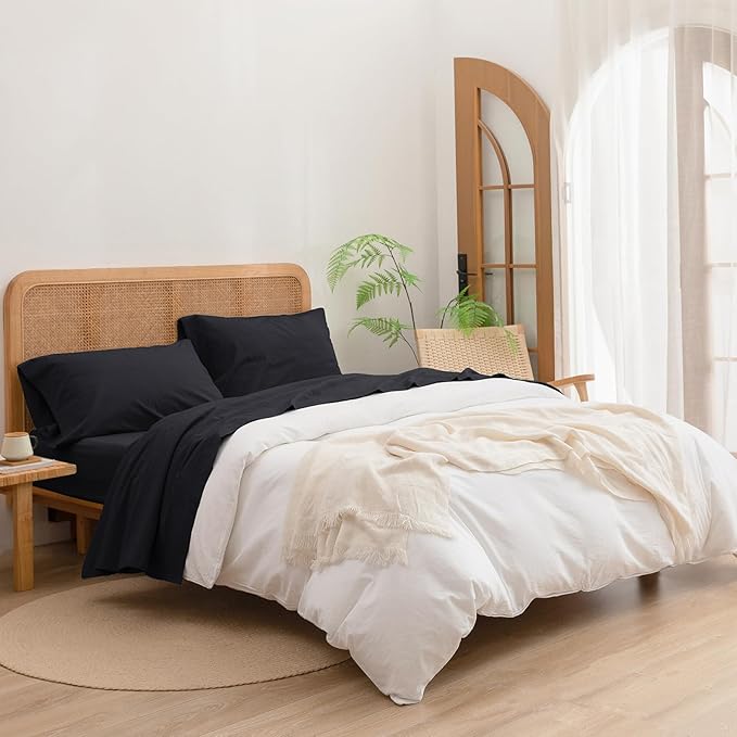 BESTOUCH Sheet Set 100% Washed Cotton Linen Feel Super Soft Comfortable Chic Lightweight 3 Pcs Home Bedding Set Solid Deep Black Twin