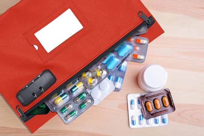 GIDABRAND Medicine Bag with Lock | 12x8 Inch Med Bag | Medication Bag for Traveling | Small Medication Travel Bag | Kids Medicine Bag | Pills Locking Zipper Pouch Storage Case Organizer (Red)