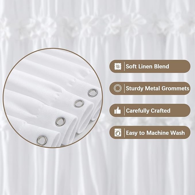 XOGUIBO White Ruffle Shower Curtain with Handmade Bow Tie, Linen Vintage Farmhouse Shower Curtain for Bathroom, 72" W x 72" H