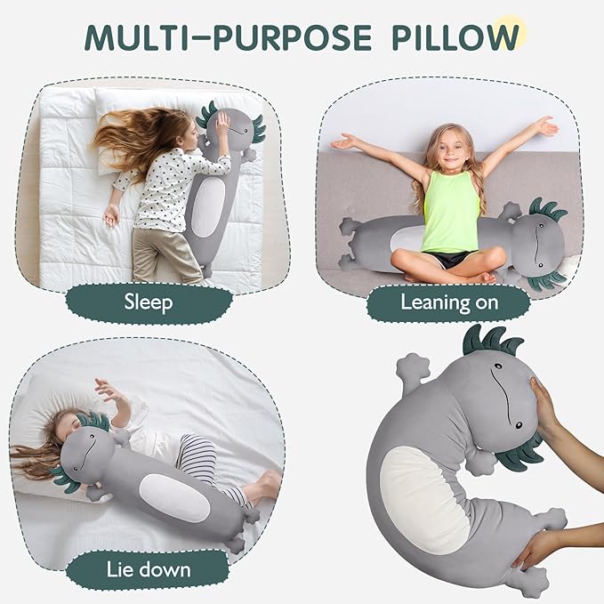 Dalmao 36 inch Cute Giant Grey Axolotl Plush Soft Long Body Pillow, Large Squishy Plushies Axolotl Stuffed Animals Toy, Gifts for Kids Boys Girls Birthday, Halloween, Christmas