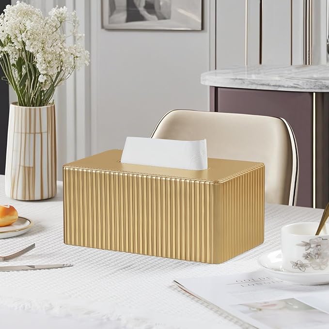 MEIBOOCH PU Leather Tissue Box Cover Square, Rectangle Tissue Box Holder with Magnetic Closure, Decorative Tissue Holder for Bathroom Bedroom Office (Gold, Rectangle for 120 to 160 Count Tissues)