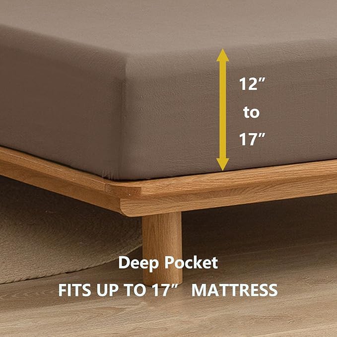 BESTOUCH Sheet Set 100% Washed Cotton Linen Feel Super Soft Comfortable Chic Lightweight 4 Pcs Home Bedding Set Solid Pine Bark Brown Queen