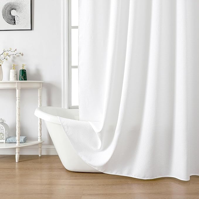 meioro White Shower Curtain, Waffle Weave 256GSM Heavy Duty Textured Fabric Shower Curtains for Bathroom Hotel Spa, Luxury Weighted Polyester Cloth Bath Curtain Set with 12 Hooks, 72Wx78H