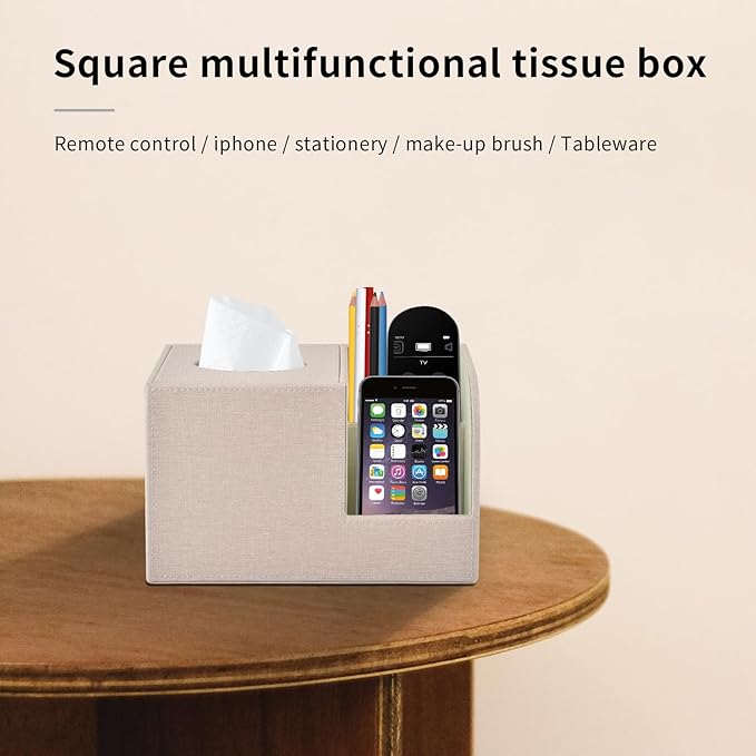 XNONE PU Leather Square Tissue Box Cover,Multifunctional Tissue Box Holder,Tissue Box with Storage,Tissue and Remote Control Holder,Tissue Box Decorative Desk Organizer for Home&Office,Beige