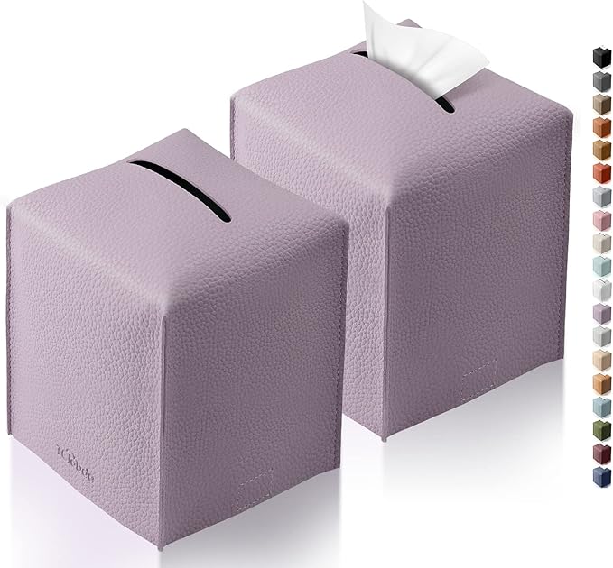 Tclouda Tissue Box Cover for PU Leather, Modern Simple Solid Color Holder Square Tissue Bag, Ideal for Bathrooms,Office,Car,Nightstand,Outdoor Tent,Dining Table,5"X5"X5", Double Purple