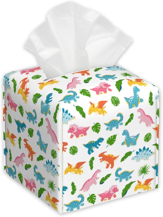 Cute Dinosaur Tissue Box Holder,Palm Leaves Cube Tissue Box Cover Holder,Leather Facial Paper Organizer Dispenser Home for Bedroom Night Stands,Kitchen,Office and Car,5.2"×5.2"×5.2"