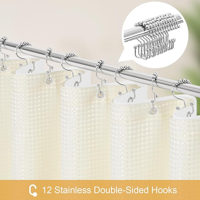 Craidlela 3 in 1 Long Cream Shower Curtain Set-72 W x 78 H, Ivory Waffle and PEVA Liner Set with 12 Stainless Steel Hooks, Waterproof Fabric for Bathroom