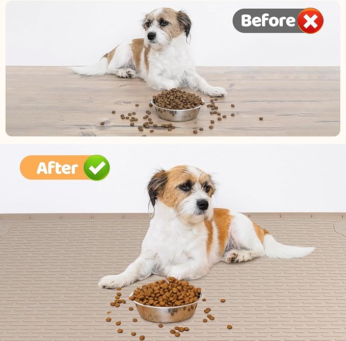 Bartuke Dog Food Mat, Extra Large 40" x 28" Silicone Pet Feeding Mat for Small, Medium, and Large Pets Non-Slip, Easy to Clean, Khaki