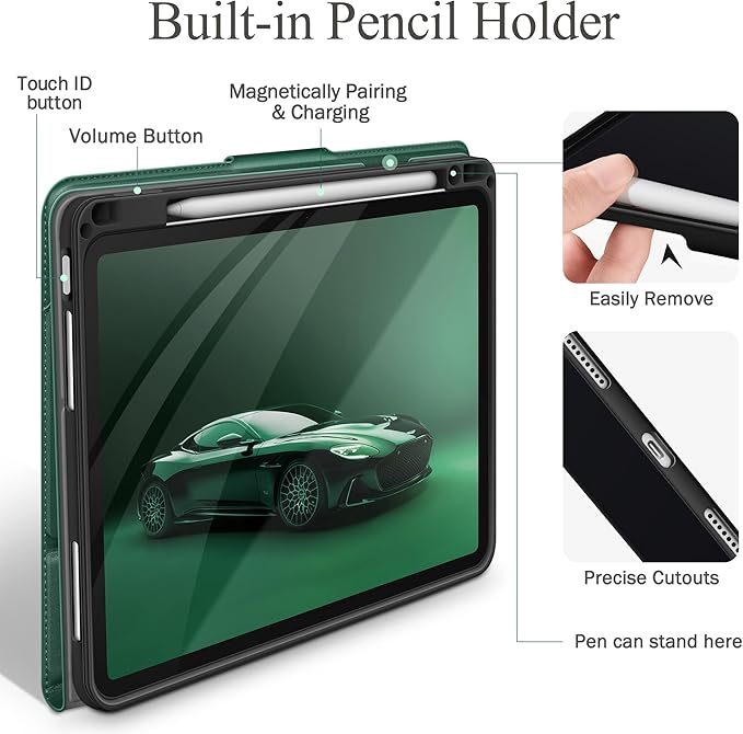 auaua Case for iPad Air 11 Inch M3/M2 (2025/2024), iPad Air 5th/4th Generation (2022/2020), with Pencil Holder and Pocket, Typing Angle Muti-Stand Magnetic Closure Auto Sleep/Wake (Green)