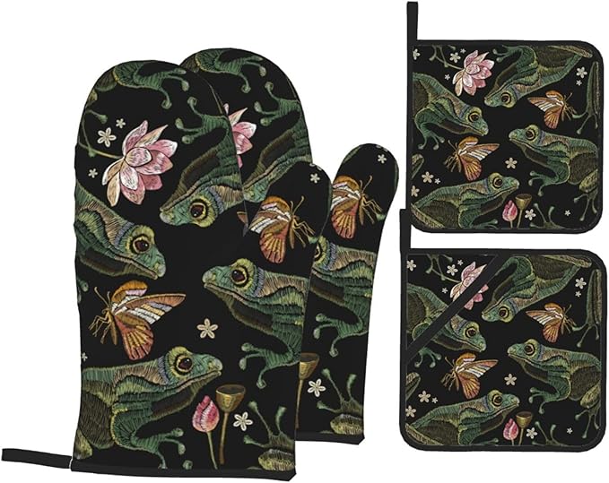Vintage Frogs Lotus Flowers Oven Mitts and Pot Holders 4 Pcs Set Oven Gloves and Potholders for Cooking Microwave BBQ Baking Grilling