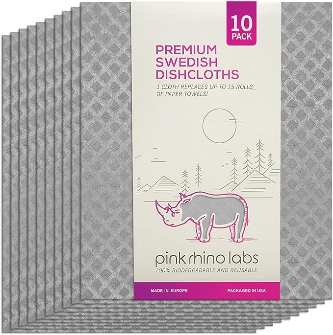 PINK RHINO LABS Swedish Dishcloths – Eco-Friendly Reusable Kitchen Towels – 10 Pack Cleaning Cloths for Dishes, Counters & Surfaces – Super Absorbent, Compostable, Zero-Waste Alternative