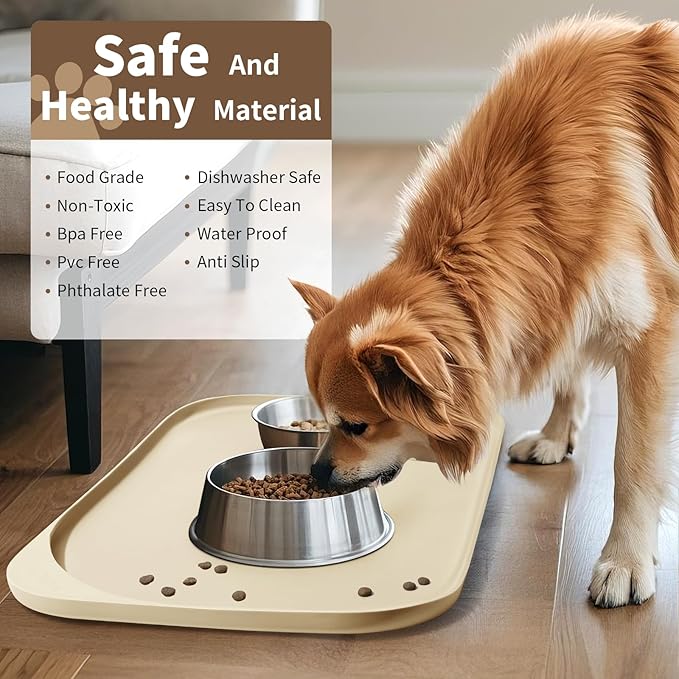 Smilool Silicone Pet Food Mat with Raised Edge for Food and Water Bowl, Dog Feeding Mats, Cat Food Trays for Floor Waterproof, Rubber Tray for Dogs and Cats, 17 x 12 x 0.7 Sand White (Yellow Cast)