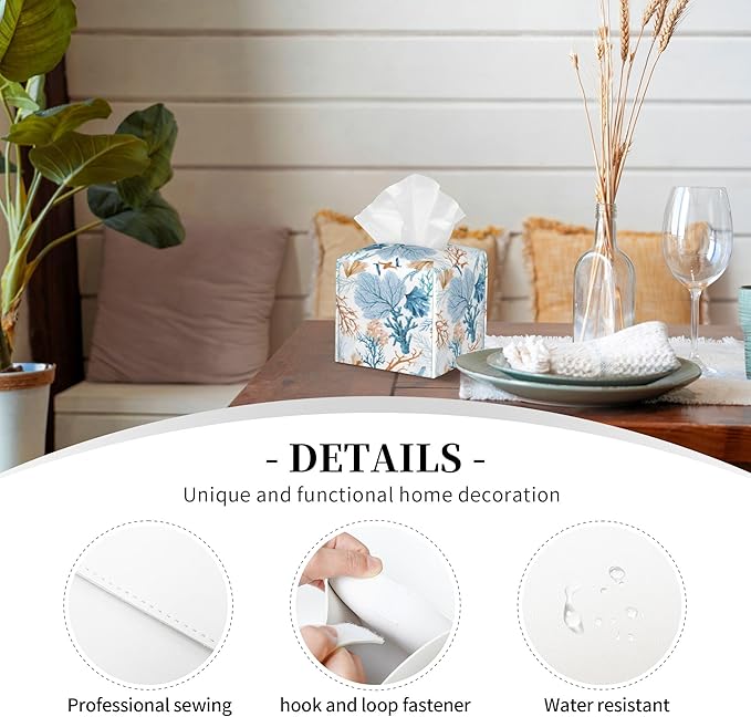 POIUBLE Tissue Box Holder Watercolor Blue Corals Tissue Box Cover Square Leather Tissue Holder Organizer Portable Decorative Facial Paper Case for Home Office Bathroom Vanity Countertop
