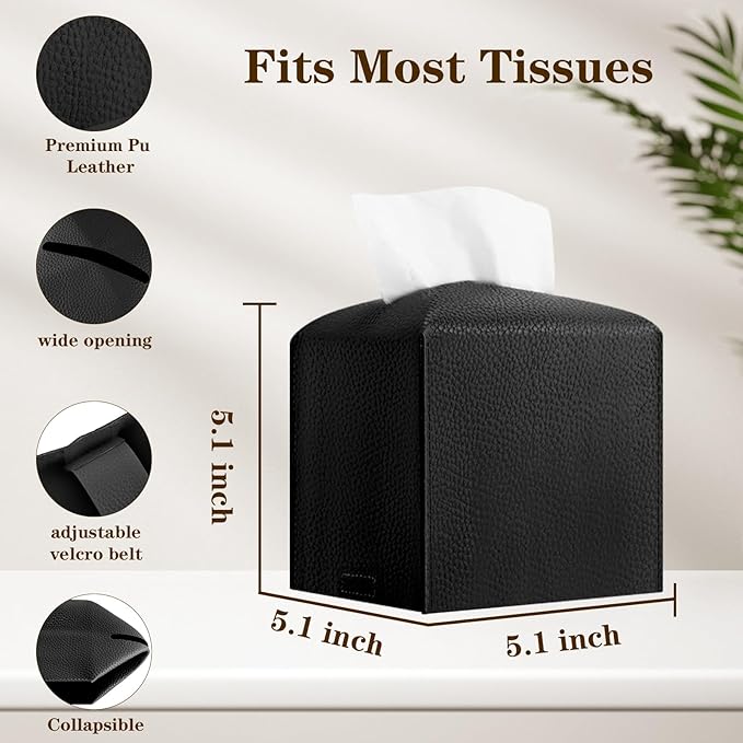 6-Pack Square Tissue Box Cover Holder, Black PU Leather Decorative Covers for Living Room, Bathroom, Office & Car