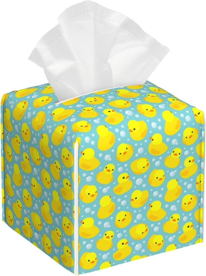 BLYKVGHQ Yellow Rubber Ducks Tissue Box Cover Square, Tissue Box Holder with Bottom Belt Leather Facial Paper Organizer Dispenser for Bathroom Bedroom Dresser Night Stand Tabletop