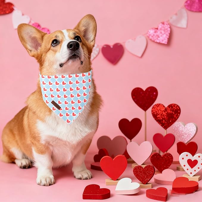 MR.CHUBBFACE Blue Valentine's Dog Bandana, Cotton Valentine Blue Checkered Puppy Bandana, Adjustable Pet Trangle Bibs Scarf