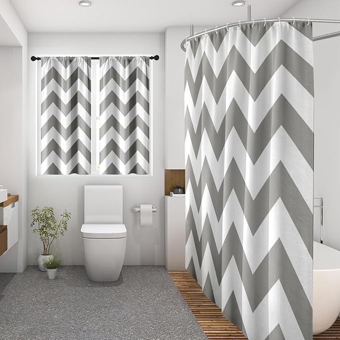 Culudea Chevron Striped Modern Gray White Shower Curtain Set, Wave Zig Zag Minimalist Herringbone Farmhouse Bathroom Window Waffle Cloth Waterproof Shower Curtains for Bathroom Decor