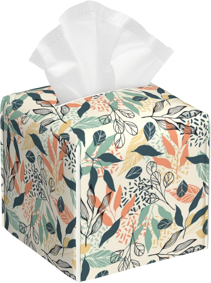 BLYKVGHQ Boho Leaves Tissue Box Cover Square, Tissue Box Holder with Bottom Belt Leather Facial Paper Organizer Dispenser for Bathroom Bedroom Dresser Night Stand Tabletop