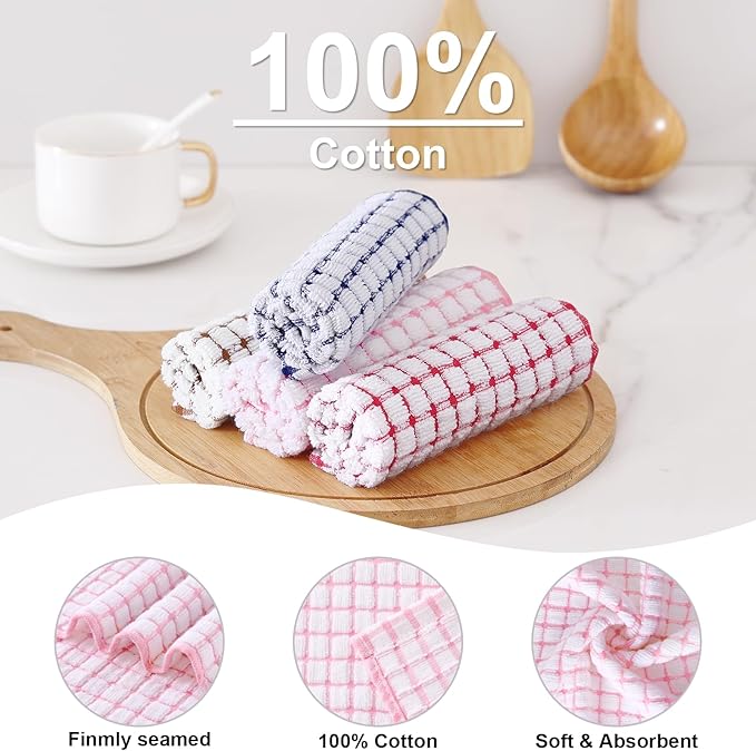 Kitinjoy Cotton 16 Pack Kitchen Towels and Dishcloths Sets, 16 x 25 Inch & 12 X 12 Inch Dish Towels Bulk, Super Soft and Absorbent Hand Towels for Kitchen Drying, Pink