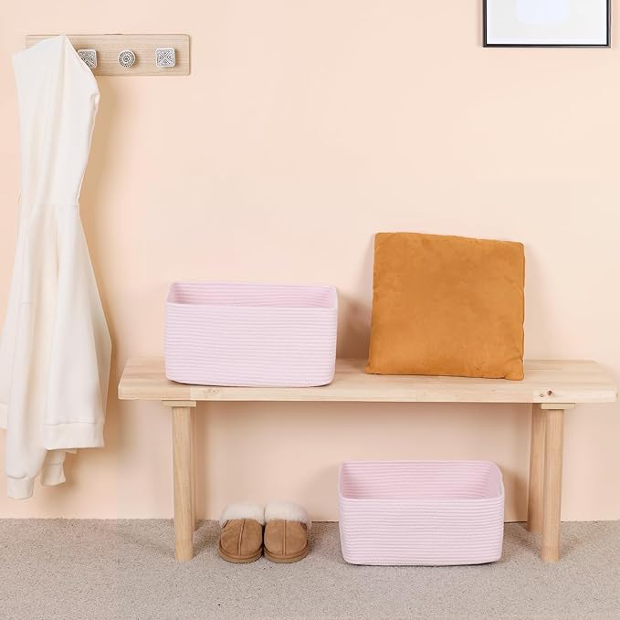 MiniArk Large Storage Baskets for Organizing, Closet Shelf Baskets for Clothes Blanket Towels, Baby Nursery, Toy Bins Box, Woven Rope Baskets, 17 x 13 x 7.5”, 4 Packs Light Pink