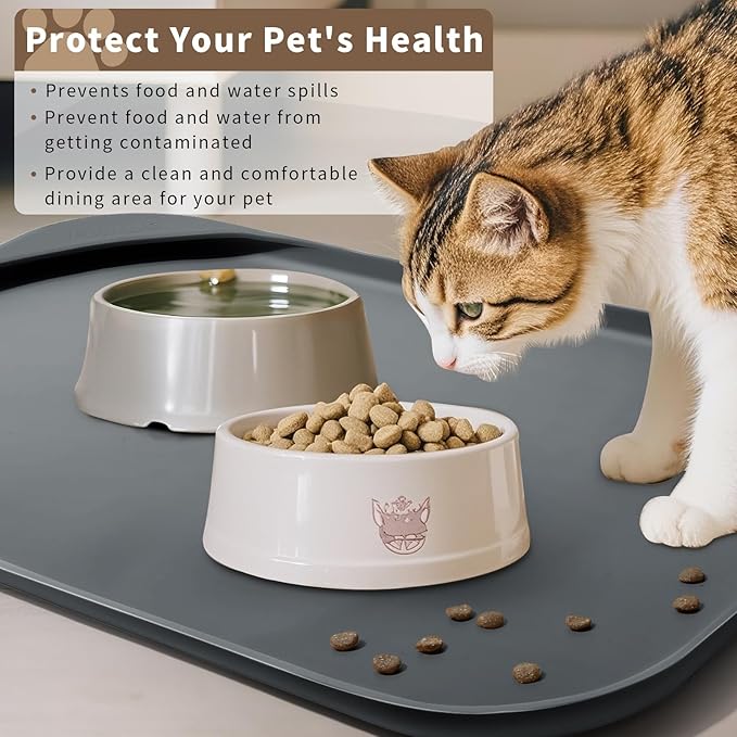 Smilool Silicone Pet Food Mat with Raised Edge for Food and Water Bowl, Dog Feeding Mats, Cat Food Trays for Floor Waterproof, Rubber Tray for Dogs and Cats, 22 x 14 x 0.8 Dark Gray