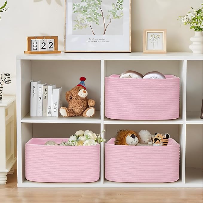 4 Pack Large Storage Basket for Organizing, 17.5"x13.5"x7.5" Woven Basket for Shelves, Closet Cube Storage Bins with Wrapped Handle, Cotton Rope Baskets for Kitchen, Clothes, Toys(Light Pink)