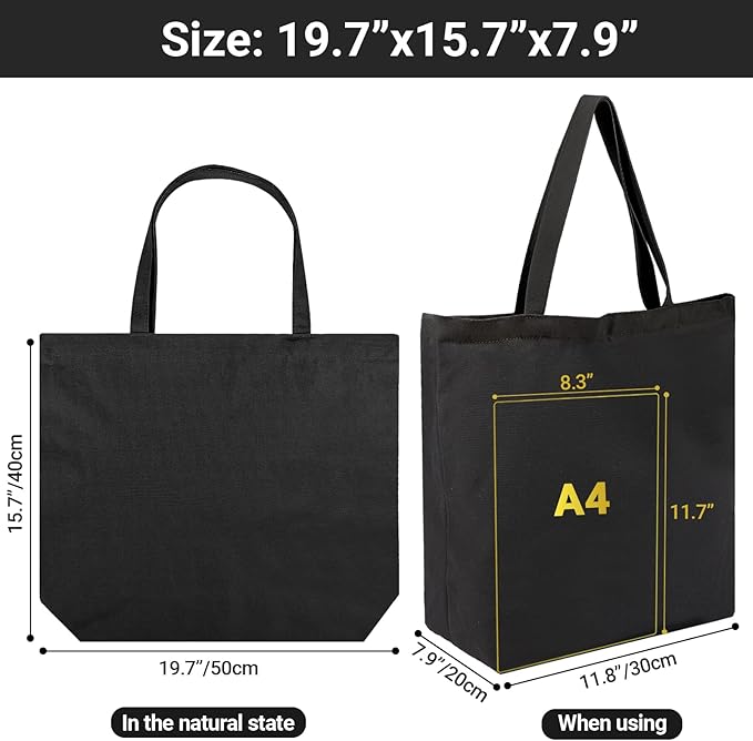 Segarty Canvas Tote, 3 Pack 20x15.7 Black Canvas Shopping Bags for Women, Reusable Natural Cotton Bag Aesthetic with Shoulder Strap, Bulk for DIY, Grocery Shopping, Beach, Travel，Gift