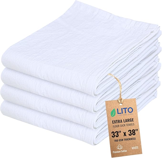 Flour Sack Towels | Tea Towel for Crafts| Kitchen Dish Cotton Blank Towel for Embroidery| Baking Bread Proofing Linen Cover| Thick Absorbent Quick Dry| 4 Pack 33"x38" White