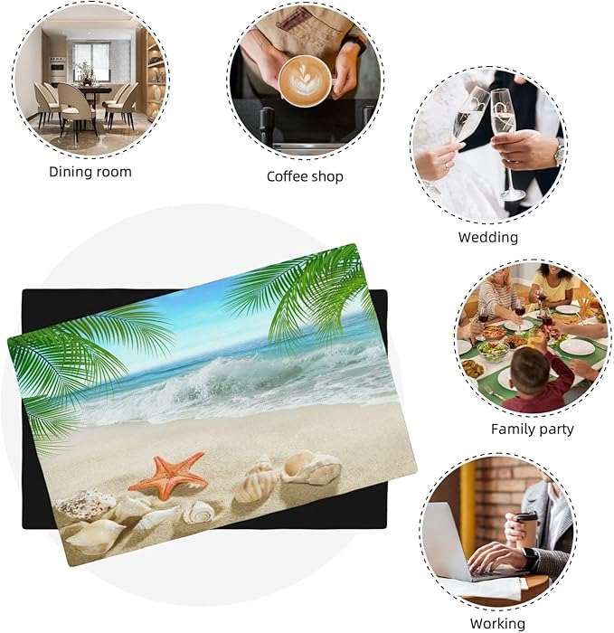 Starfish Beach Placemats, Leisure Summer Time Waves Tropical Palm Elm Sand Starfish Seashells Nautical Print Washable Fabric Placemats Table Kitchen Dining Party 12x18 Inch Set of 4