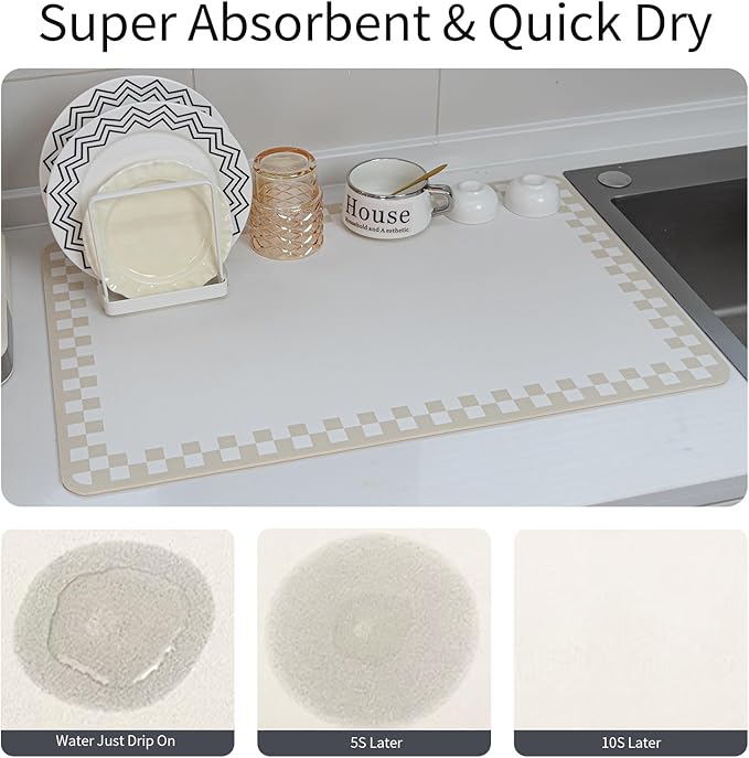 2PCS Coffee Bar Mat for Countertop Super Absorbent Hide Stain Cuttable Dish Drying Mat for Kitchen Counter,Beige White