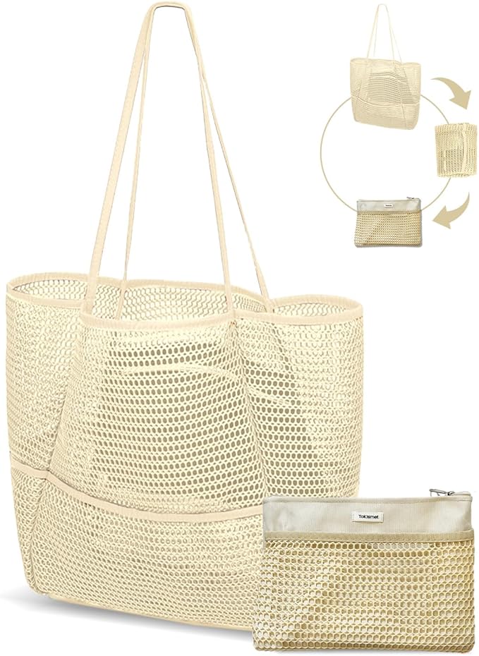 ToKismet Mesh Beach Tote Bag Packable,2026 New 2-in-1 Large Lightweight Foldable Beach Bags with Multiple Pockets for Women