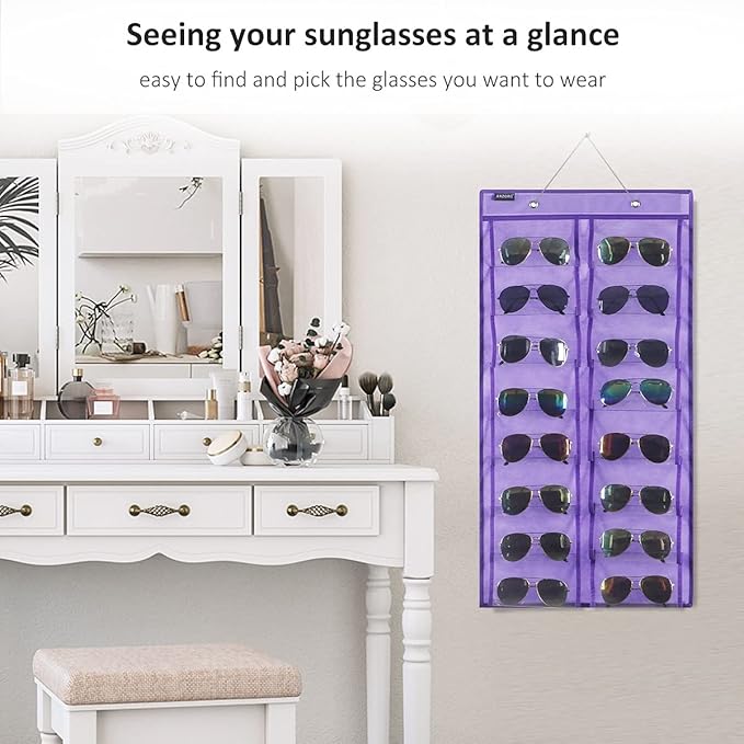 ANZORG Over the Door Hanging Sunglasses Organizer Storage Sunglass Rack Holder Eyewear Display Case with 16 Clear Dust Proof Pockets (16 Pockets-Purple)