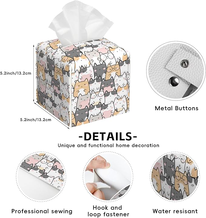 Kawaii Cats Tissue Box Cover,PU Leather Tissue Box Holder Square,Modern Home Decoration for Bathroom Living Room Kitchen Office Car,5.2"×5.2"×5.2"