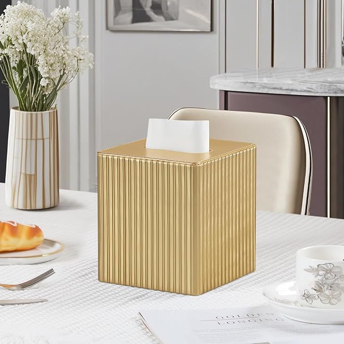 MEIBOOCH PU Leather Tissue Box Cover Square, Rectangle Tissue Box Holder with Magnetic Closure, Decorative Tissue Holder for Bathroom Bedroom Office (Gold, Square)