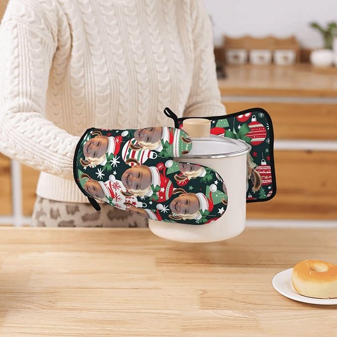 Custom Your Christmas Oven Mitts and Potholder Silicone Glove Heat Resistant, Kitchen Gloves for Cooking, 2-Piece Set