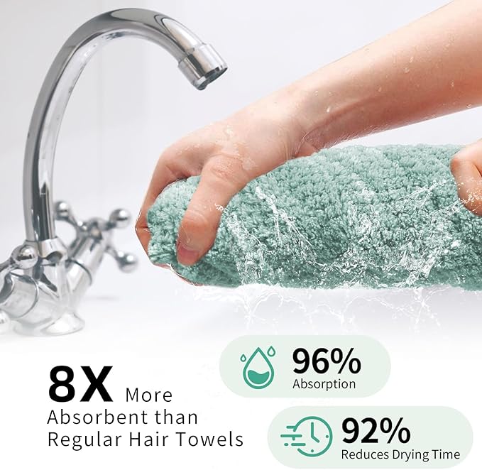 my novel things 2 Pack Extra Large Microfiber Hair Towel Wrap, 37.4" x 26.4" for Women, Super Absorbent & Quick Dry Hair Towel with Elastic Strap for Curly Hair Green