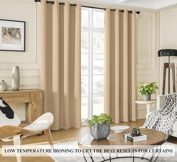 Rutterllow 100% Blackout Curtains, Full Shade Long Complete Drapes for Living Room, Thermal Insulated Bedroom Window Treatment Drapes (2 Panels,Khaki, 52 x 90 inch)
