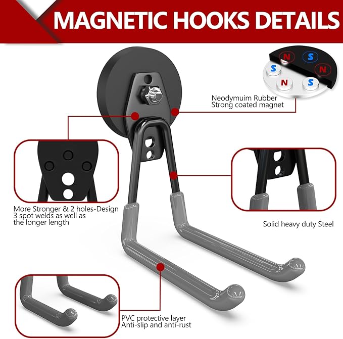 3-H Heavy Duty Magnet Garage Hooks 4 Pack, Extra Large Strong Magnetic Hooks for Hanging Cordless Power Drill, Utility Magnetic Tool Holder for Metal Cabinet, Steel Pegboard, Toolbox, Garage(Grey)