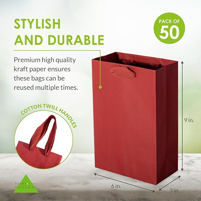 Prime Line Packaging Red Gift Bags with Handles, Mini Kraft Paper Goodie Bags for Christmas, Holiday, Treats, Wrapping, Shopping, Party Favors, Bulk, 6x3x9, 50 Pack
