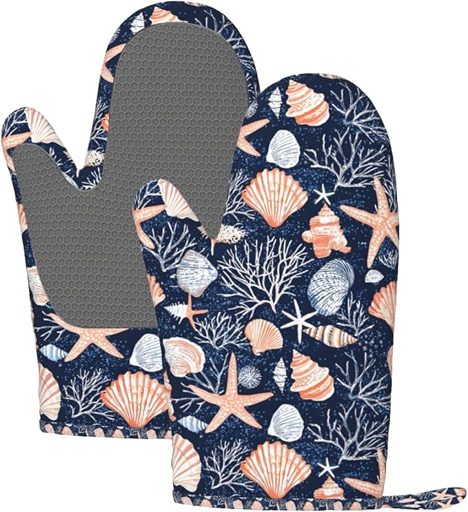 Oven Mitts 2 Pack, Silicone Kitchen Gloves, Heat Resistant with Non-Slip Grip and Soft Quilted Cotton Lining for Cooking Barbecue Backing (Seashells and Coral)