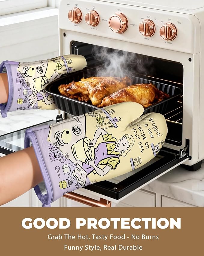 Slohif Funny Oven Mitt Heat Resistant for Women - 2 Pack Purple Cute Novelty Cool Kitchen Oven Mittens with 100% Cotton for Baking and Cooking Accessories