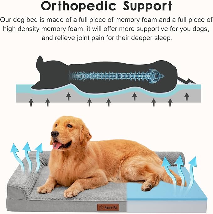 Rainmr Orthopedic Dog Beds for Large Dogs, Memory Foam Dog Beds Large Sized Dogs, Washable Removable Cover, Nonskid Bottom, Waterproof, for Indoor, Outdoor, Crate ＆ Car Use, 44x32x6 Inches, Light Grey