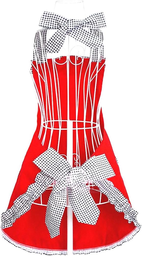 Hyzrz Cute Red Cotton Ruffle Youth Girls Apron Kitchen Cooking Aprons for Women with Pockets