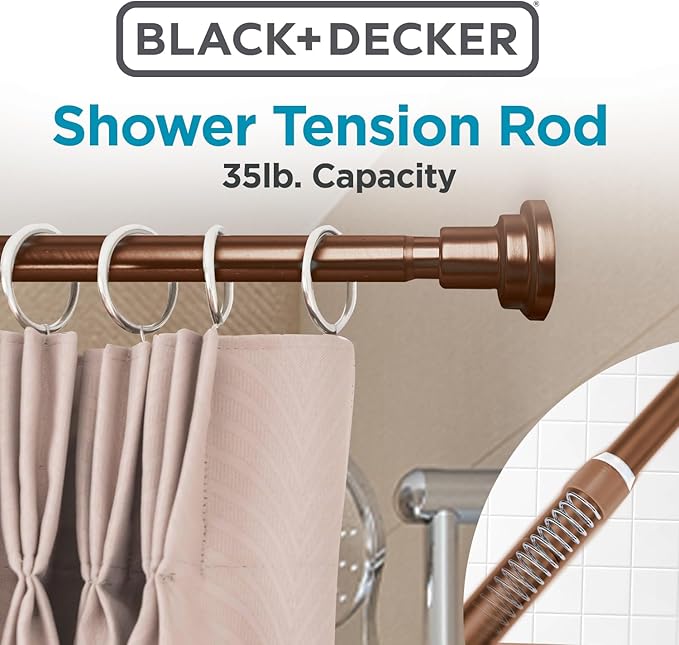 BLACK+DECKER Tension Shower Curtain Rod 42-72 Inch – Drill-Free Adjustable Curtain Rod, Rust-Resistant Stainless Steel Tension Curtain Rod for Shower, Bathroom, Window, Closet – 35 lb Capacity