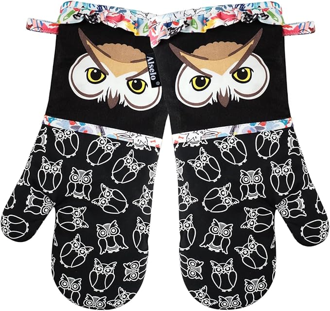 Oven Mitts, Heat Resistant with Soft Quilted Cotton Lining Set of 2, Fashion Animal Design with Silicone Printing Anti-Slip Kitchen Gloves for Safe Backing Cooking Barbecue（Black 2）