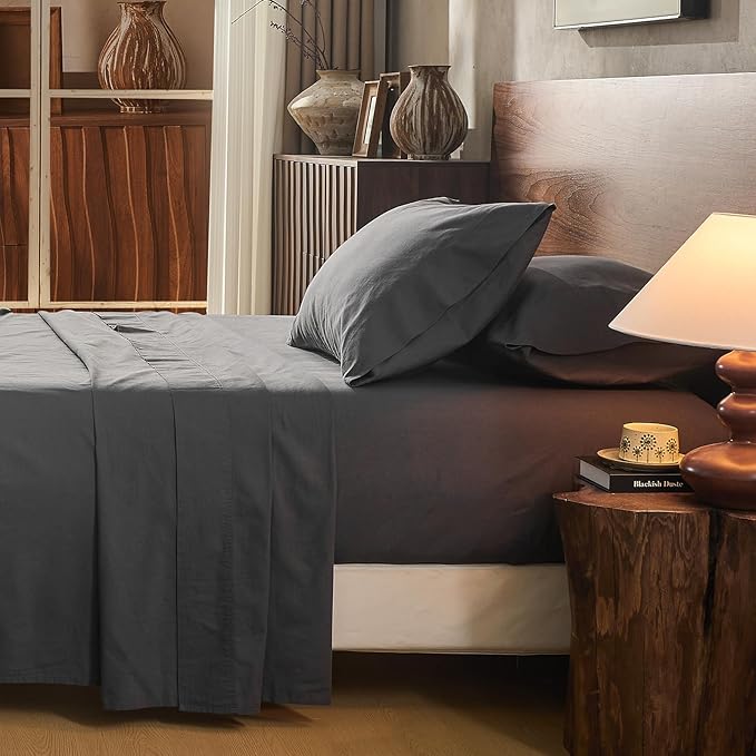 100% Linen Sheet Set King Size Extra Deep Pocket Fits 18-24 Inch Mattress, Breathable & Soft, Smooth 4-Piece Set for Thick Mattresses Hotel Luxury Bedding（King, Dark Grey）
