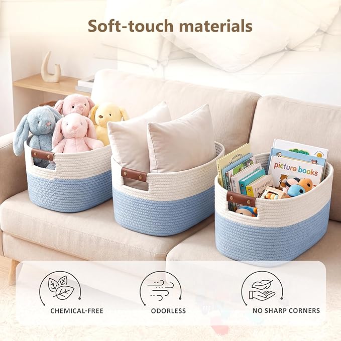 ECDYQXVU Cotton Rope Basket, Storage Baskets with Handle, 15x10x9 Inch Woven Basket for Shelves, Laundry, Towels, Clothes, Books (White/Blue 3Pack)